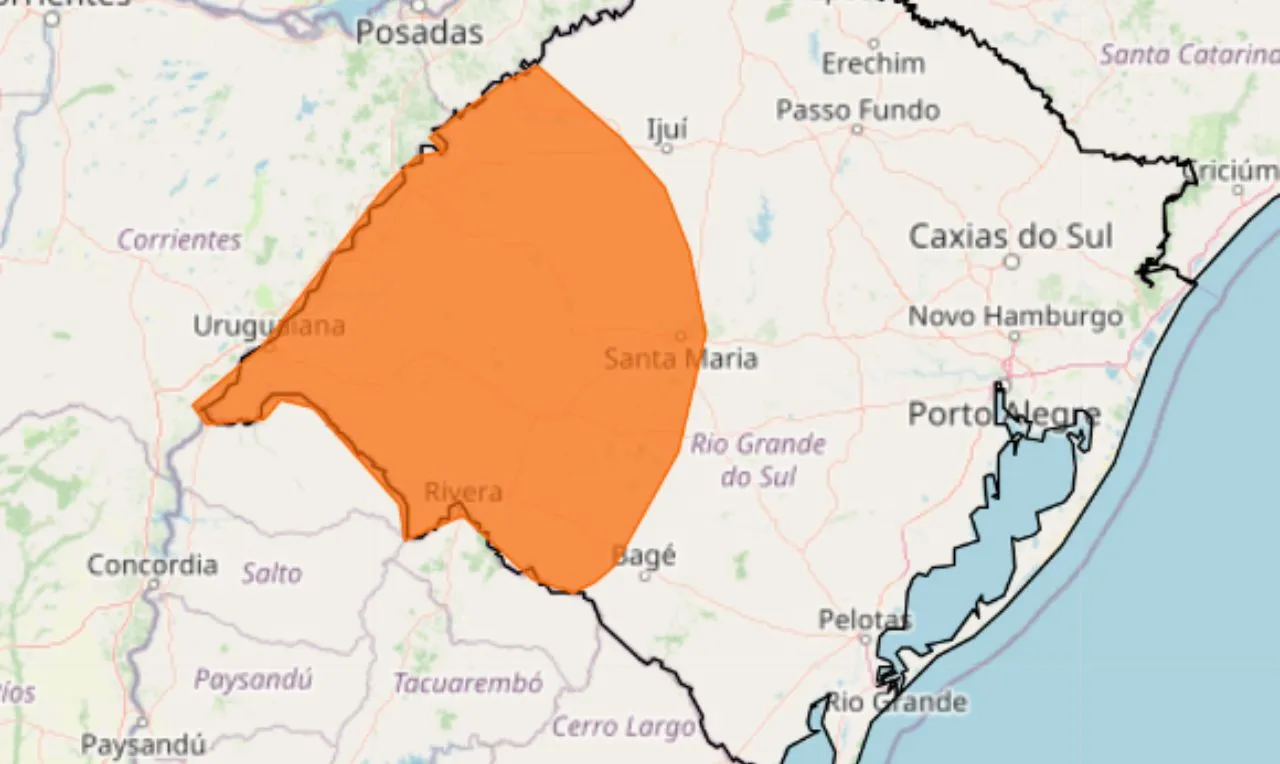  O mapa mostras as áreas em alerta para tempestade